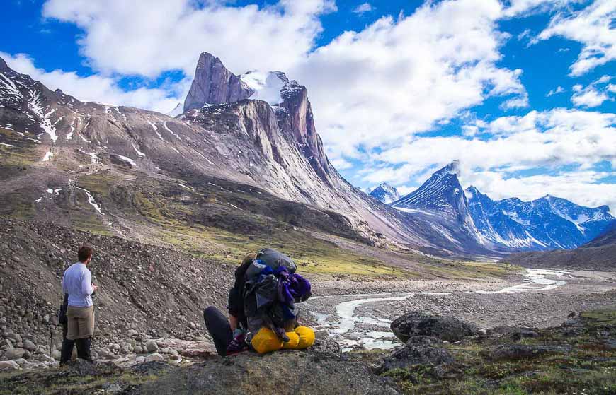 Hikers in dramatic landscape