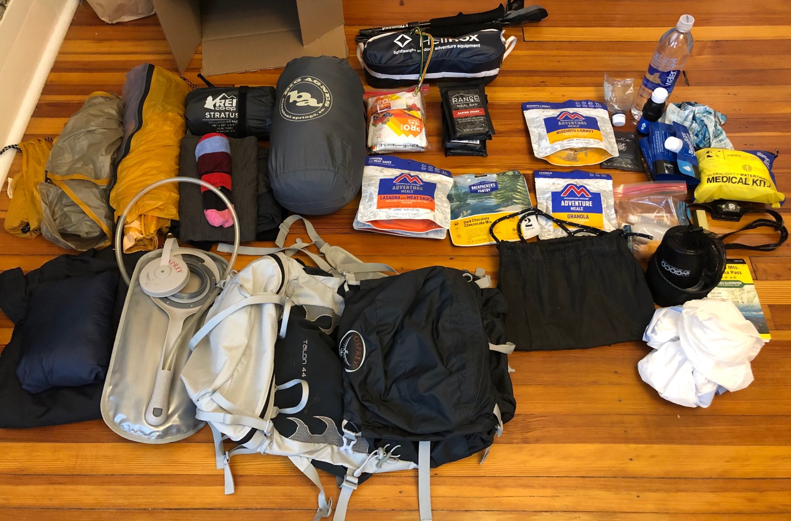 Professional hiking gear layout