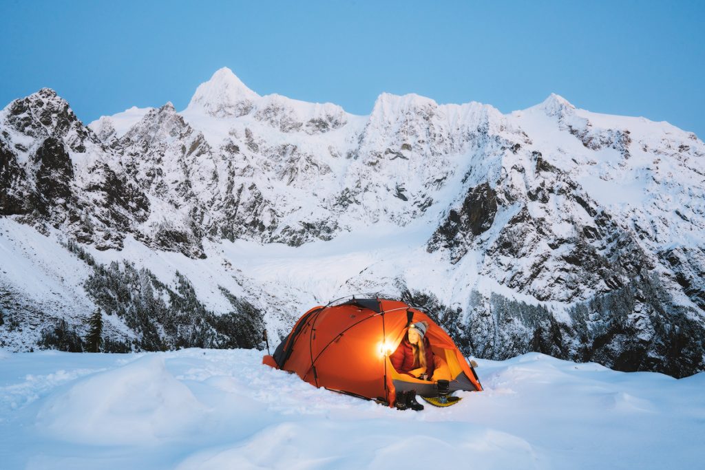 Winter camping in snow